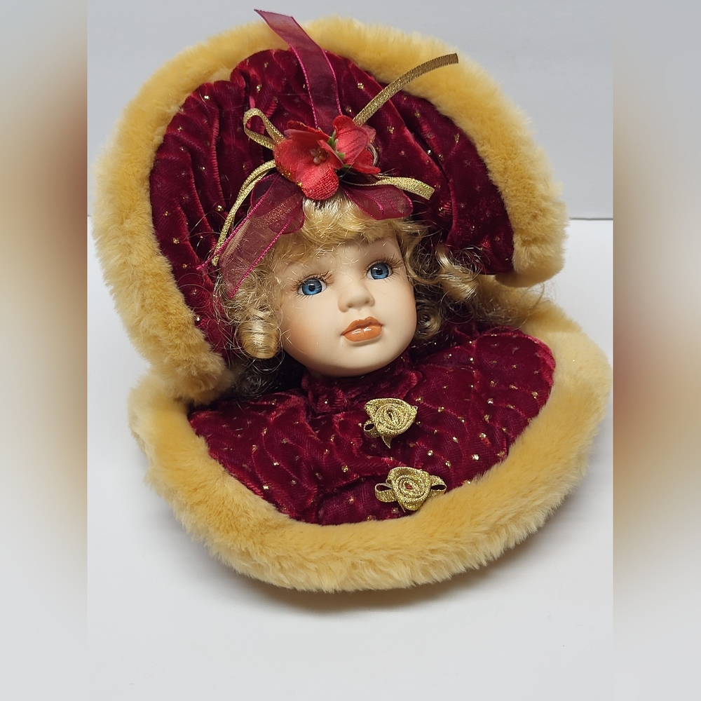 Vintage Dandee Victorian Porcelain Head Blond Red Velvet Gold Christmas Ornament